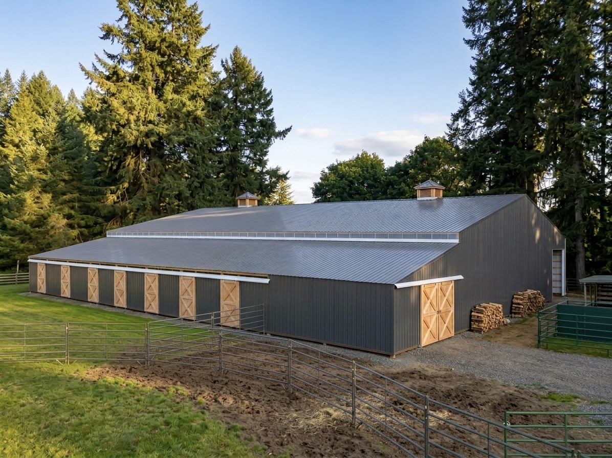 80×120 Equestrian Arena with Wing — Clackamas County, Oregon, built by Miner Pole Buildings