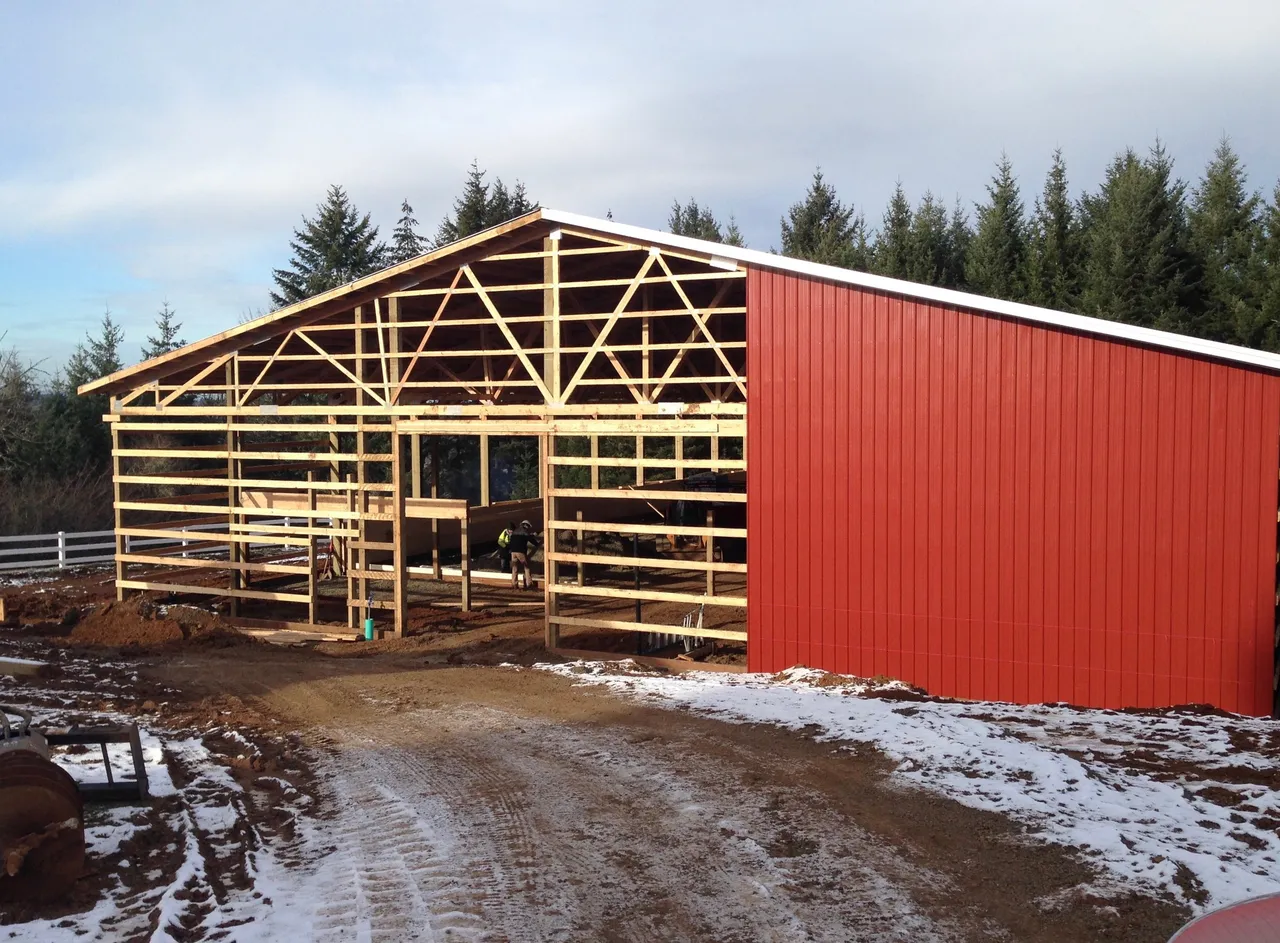 80×156 Riding Arena with Attached Stall Barn — Sherwood, Oregon during construction