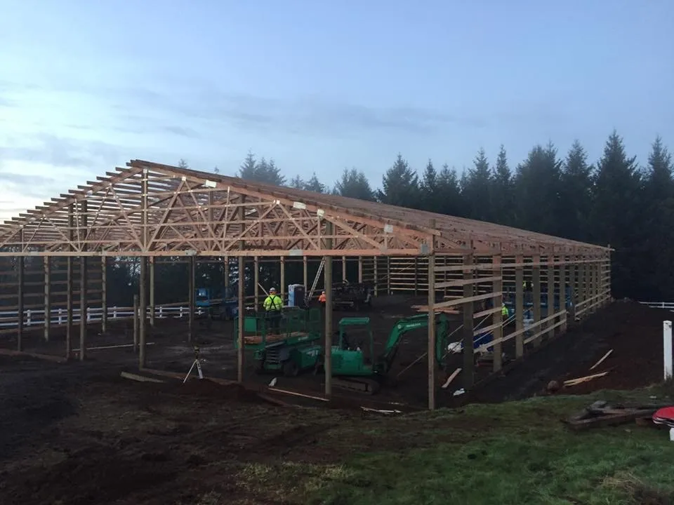 80×156 Riding Arena with Attached Stall Barn — Sherwood, Oregon during construction