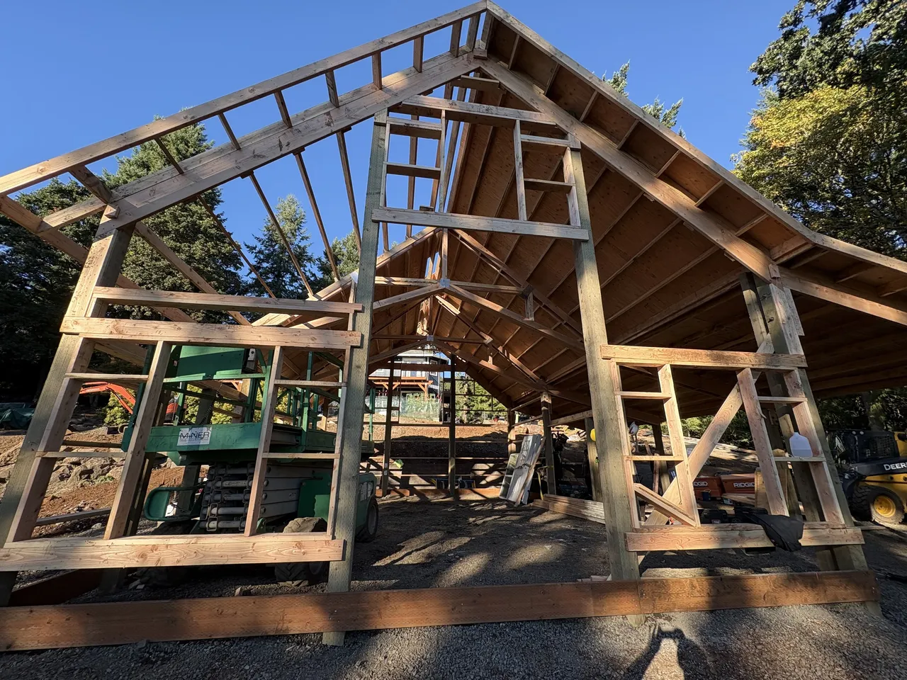 24×36 Board-and-Batten Shop with Scissor Trusses — Jefferson, Oregon during construction