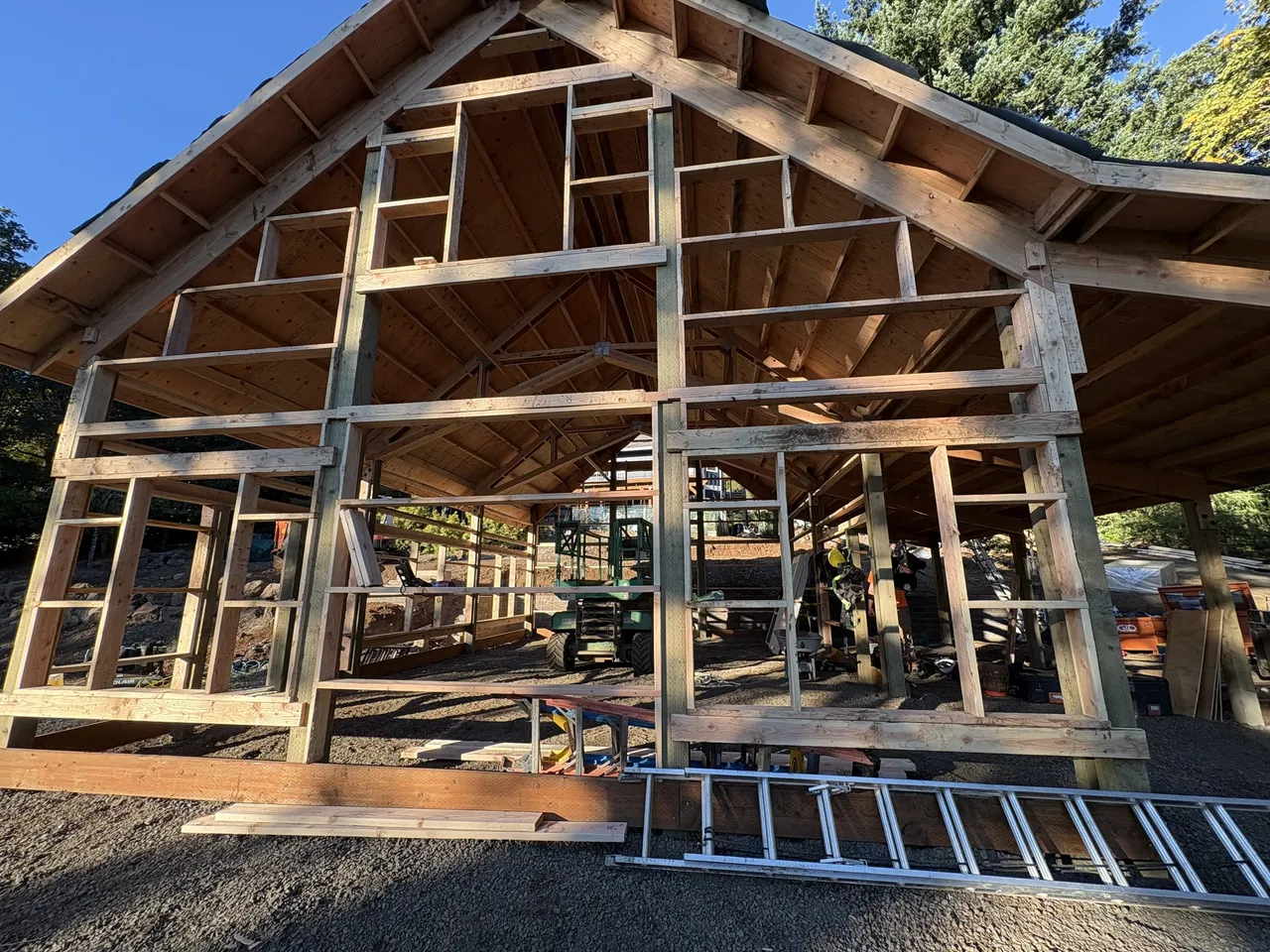 24×36 Board-and-Batten Shop with Scissor Trusses — Jefferson, Oregon during construction