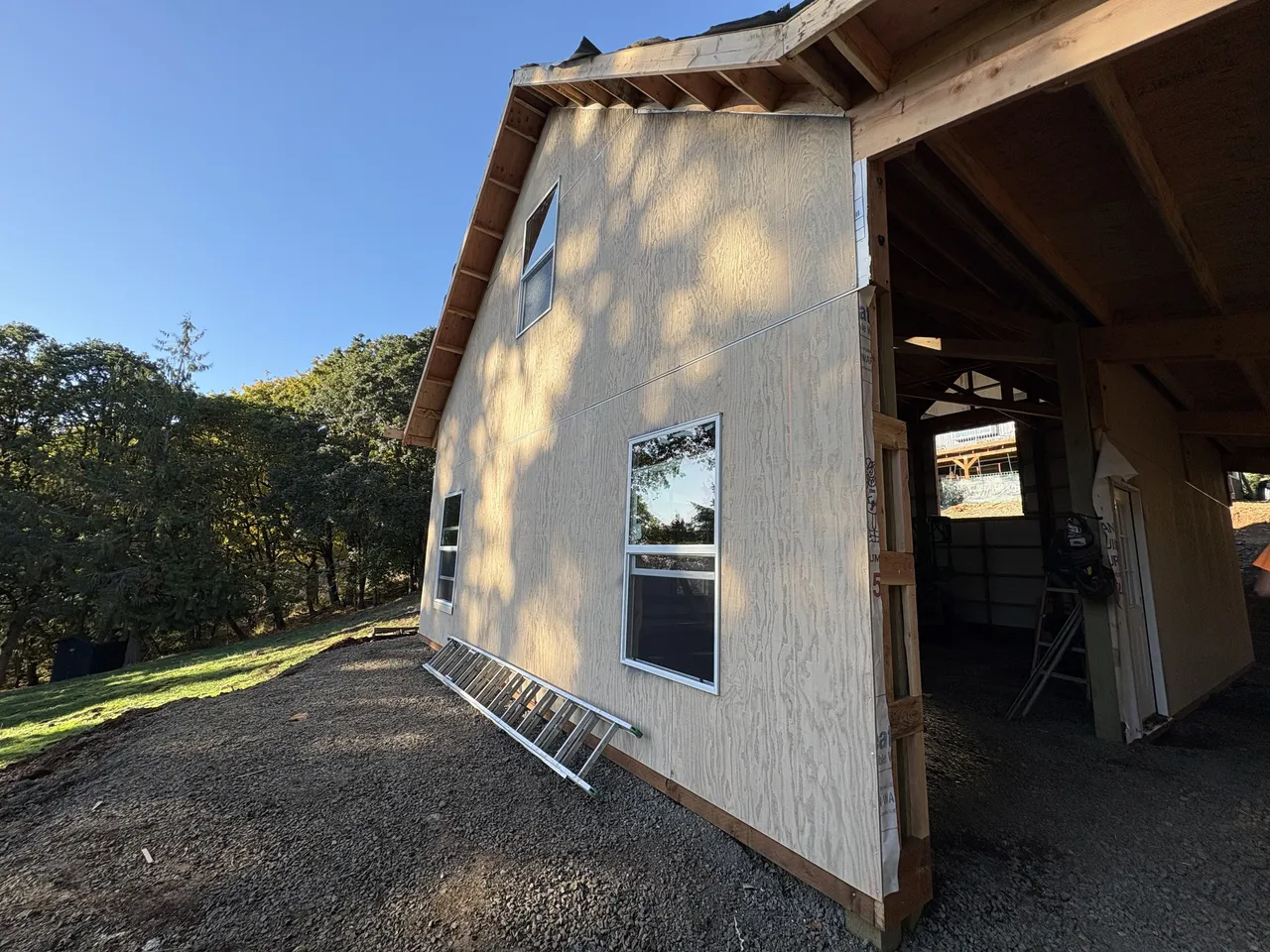 24×36 Board-and-Batten Shop with Scissor Trusses — Jefferson, Oregon during construction